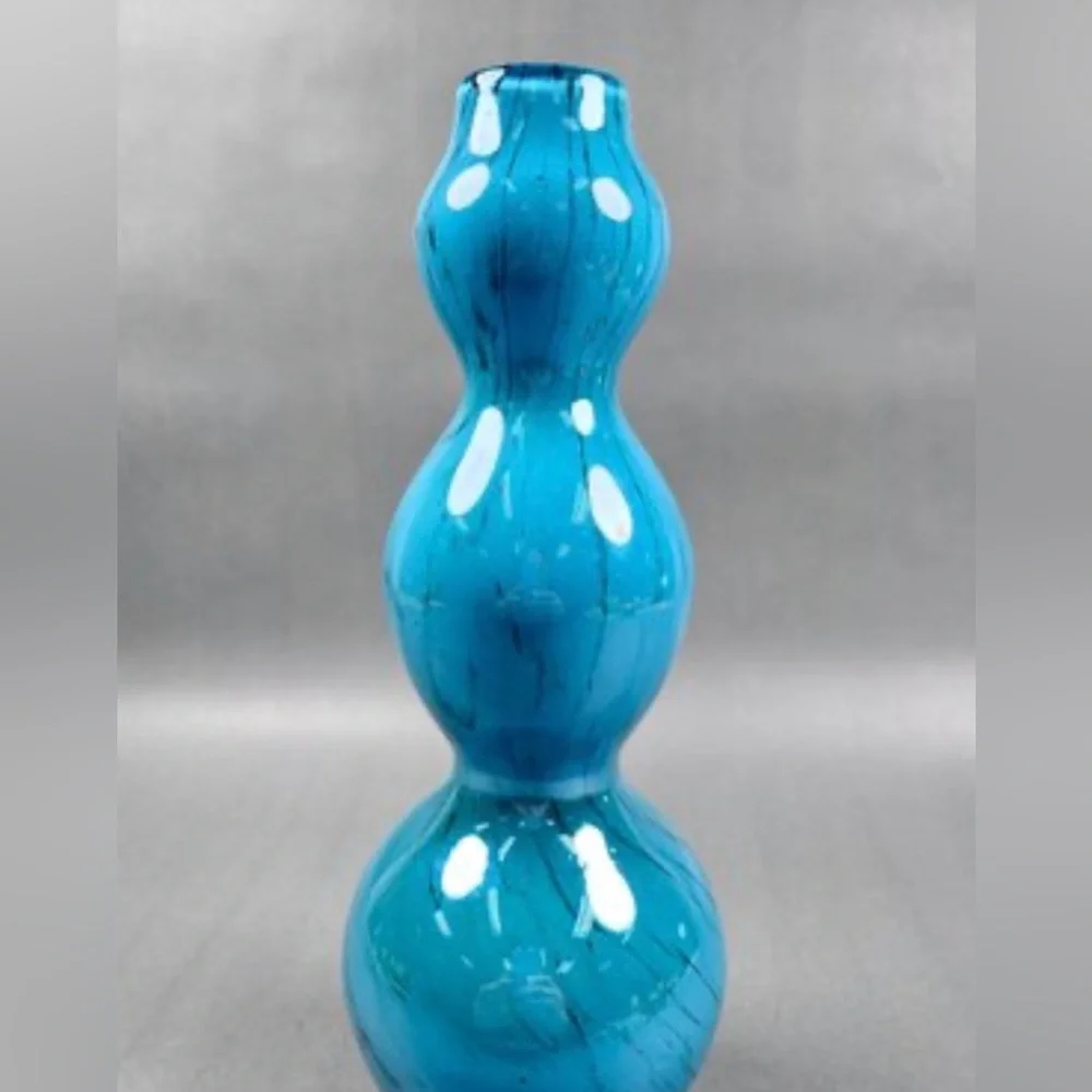 Vintage Pier 1 Turquoise Blue w Black Etch Art Glass Triple Gourd Vase | EUC